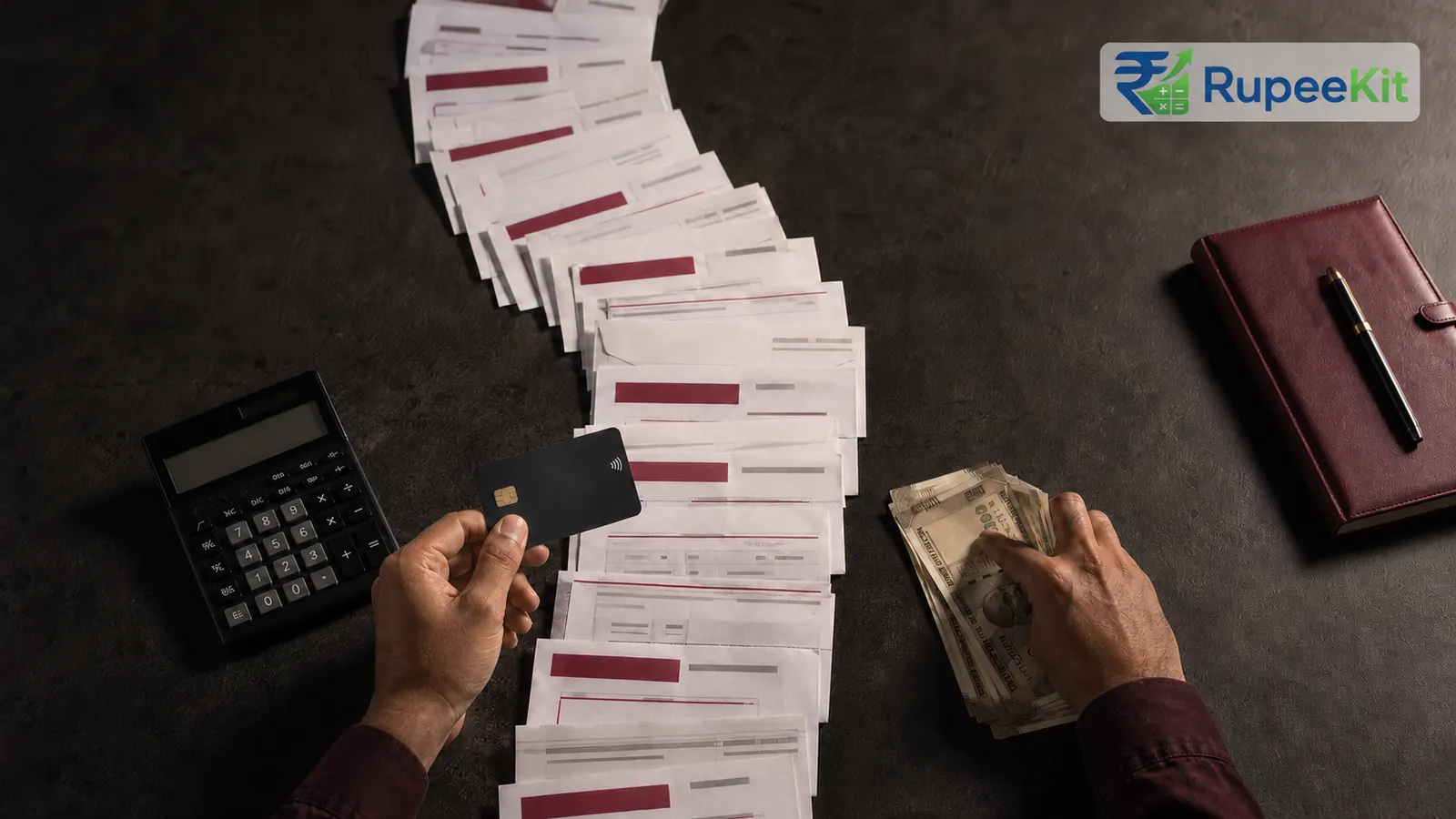 Hands holding a generic credit card and rupee notes beside a long trail of monthly statements
