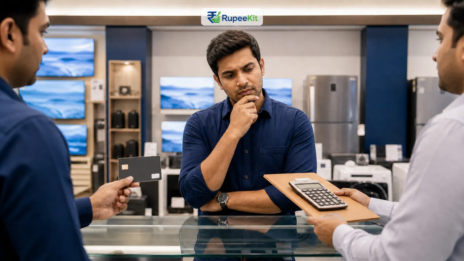 Indian buyer comparing a credit card with a calculator and loan folder at an electronics store