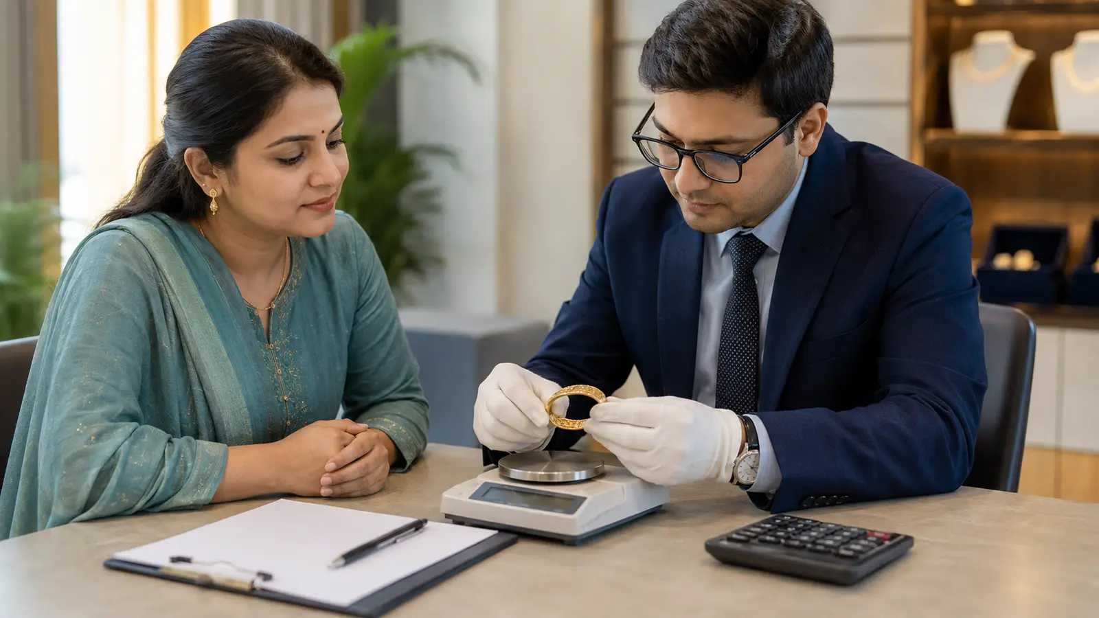 Indian customer watching a gold bangle being carefully assessed for a gold loan