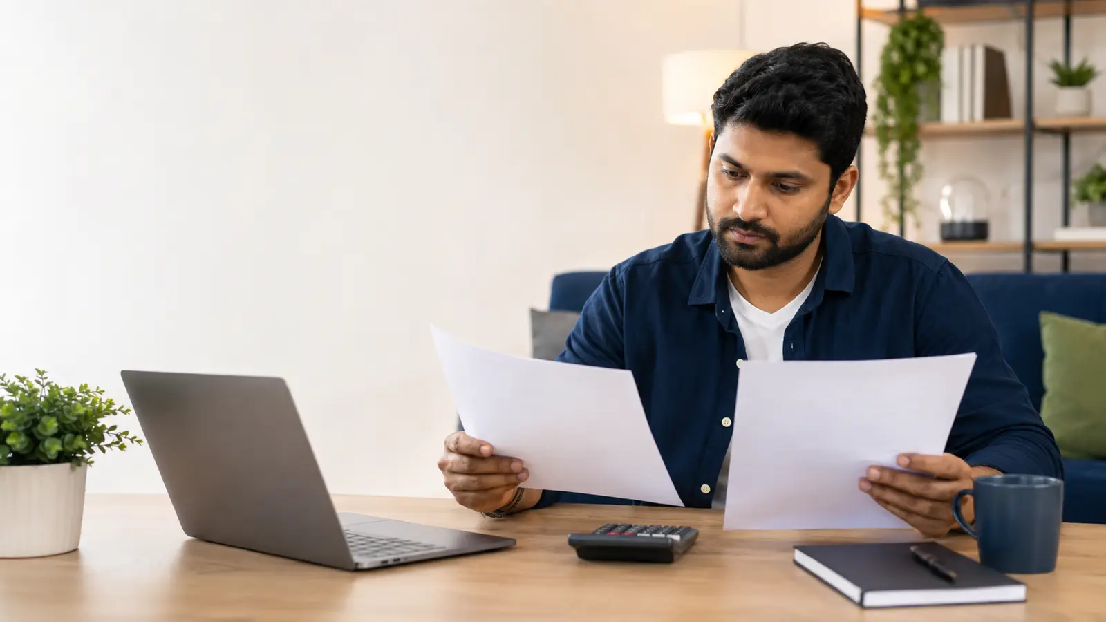 Indian employee comparing two organised gratuity planning folders with a laptop and calculator