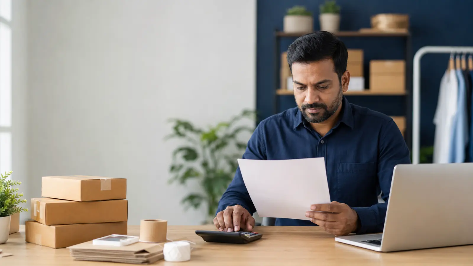 Indian small business owner reviewing invoices and packaging costs with a calculator and laptop