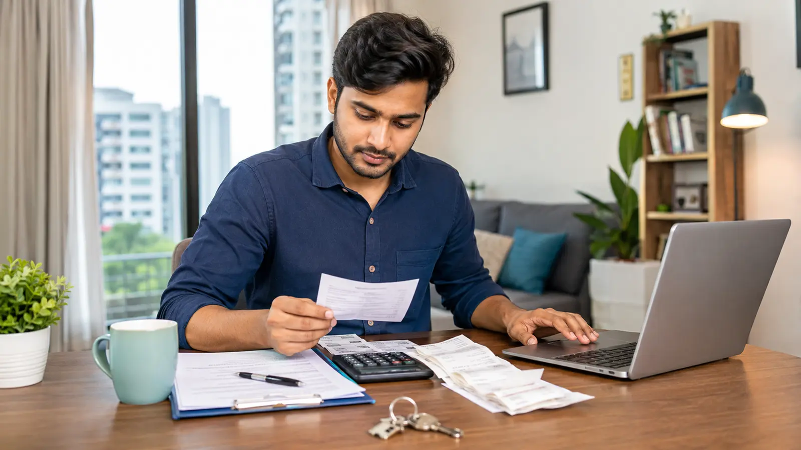 Indian tenant organizing rent receipts, apartment keys and salary documents for HRA planning