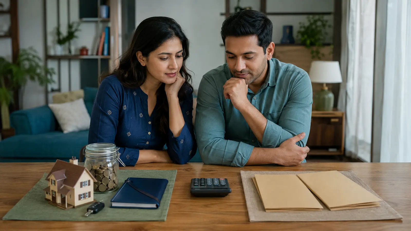 Indian couple balancing household assets and liabilities to calculate net worth