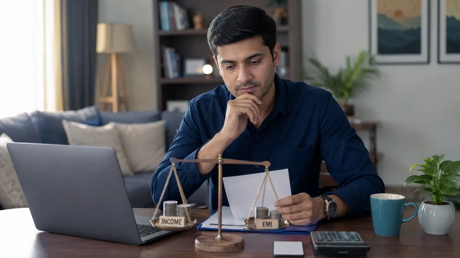 Indian professional comparing monthly income and existing EMI burden for loan eligibility