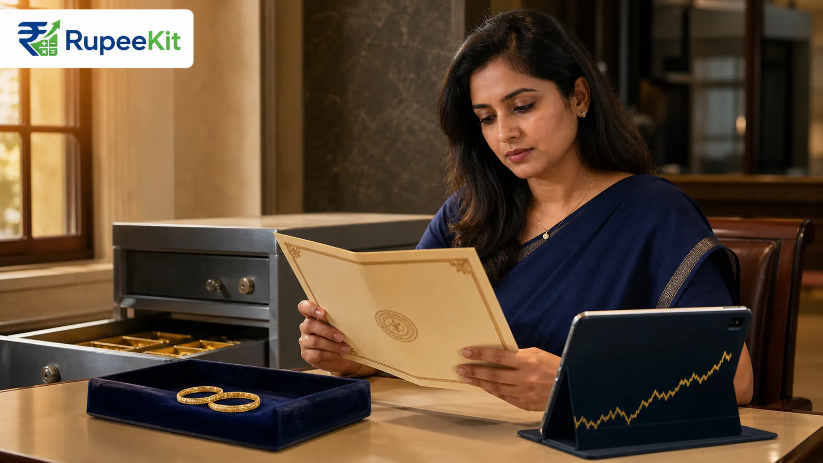 Indian investor comparing a gold bond folder with physical bangles beside a secure deposit drawer
