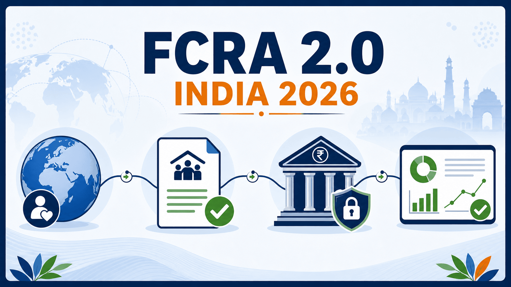 FCRA 2.0 India 2026 guide showing foreign donation, NGO compliance, SBI account and reporting stages