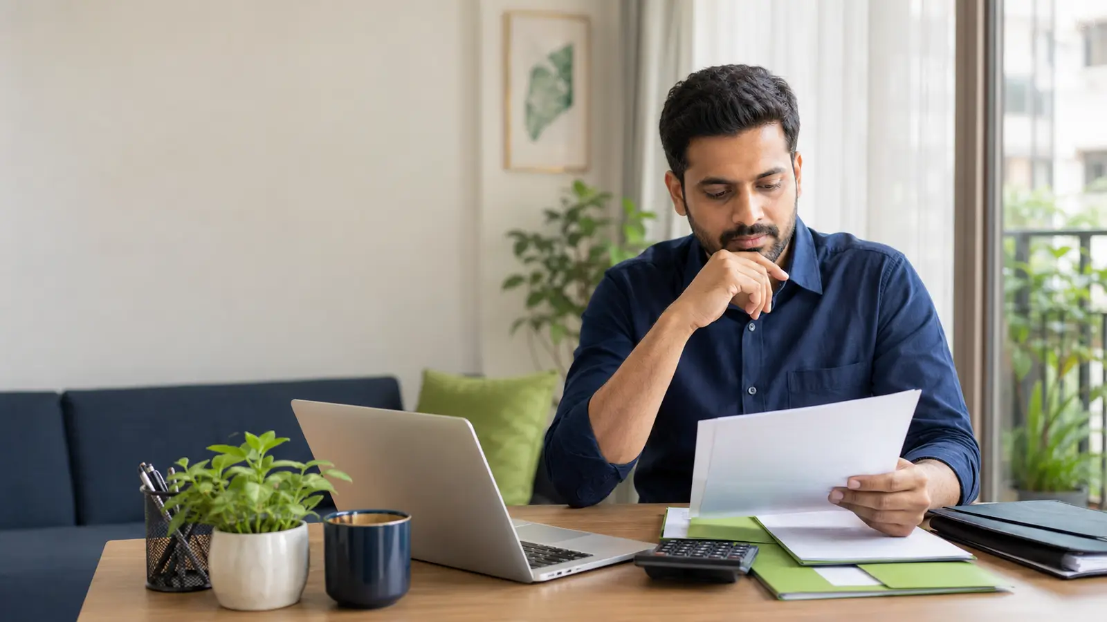 Indian professional organizing tax-saving documents, a calculator and folders for Section 80C planning