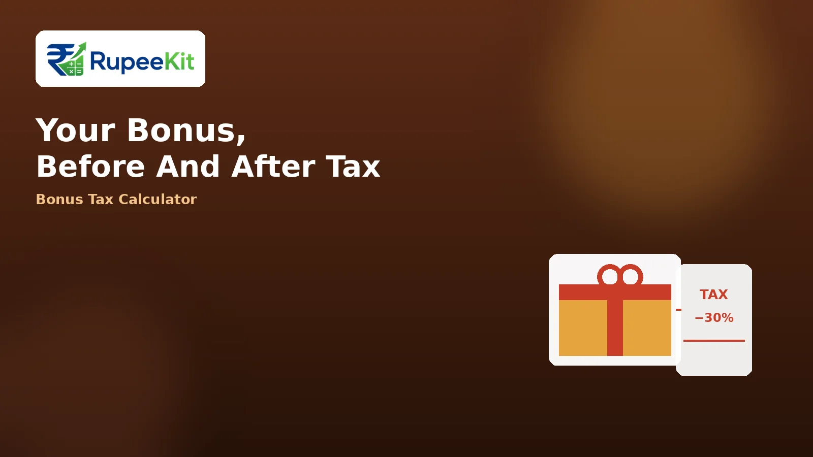 Illustration of a wrapped bonus gift beside a tax deduction note representing post-tax bonus value