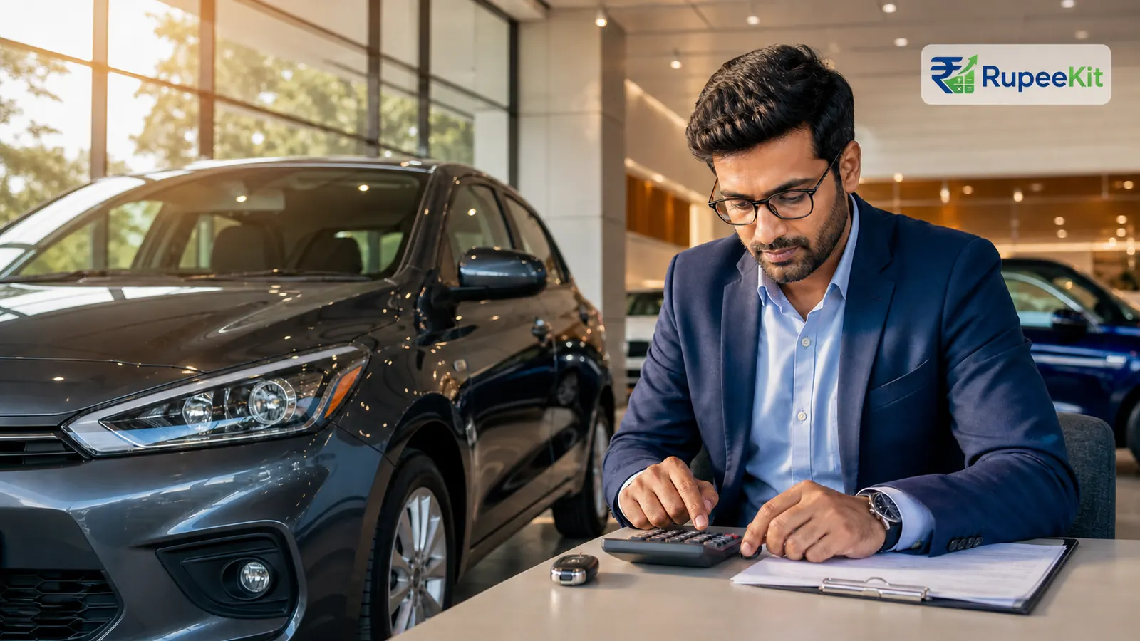 Indian professional calculating car loan affordability beside a compact car in a showroom