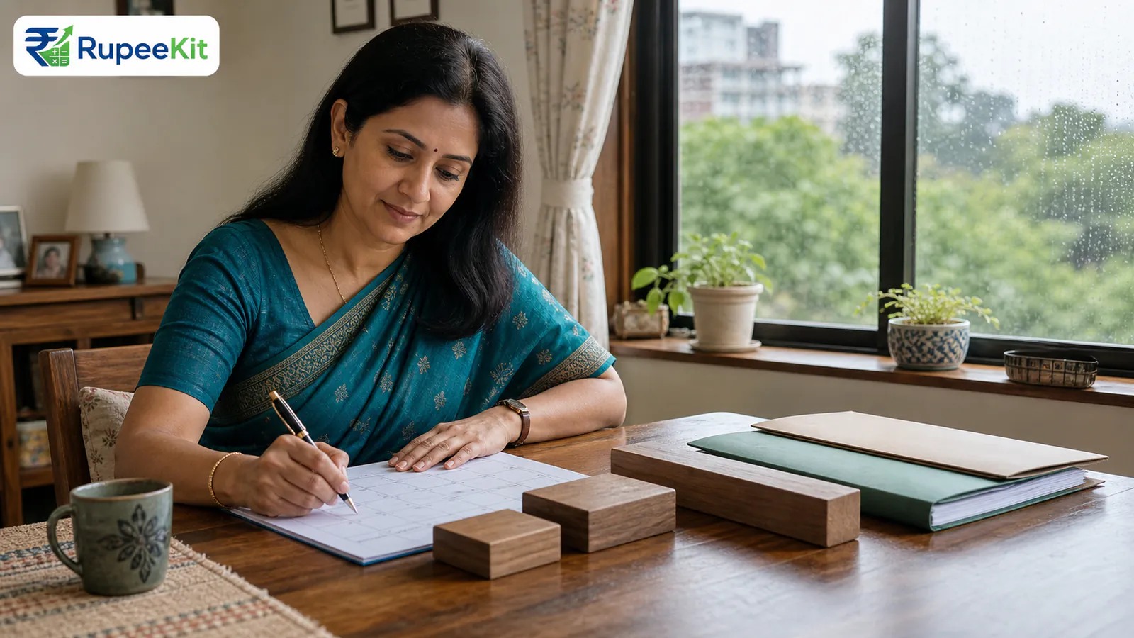 Indian saver planning three different Section 80C lock-in periods with folders and wooden timeline blocks