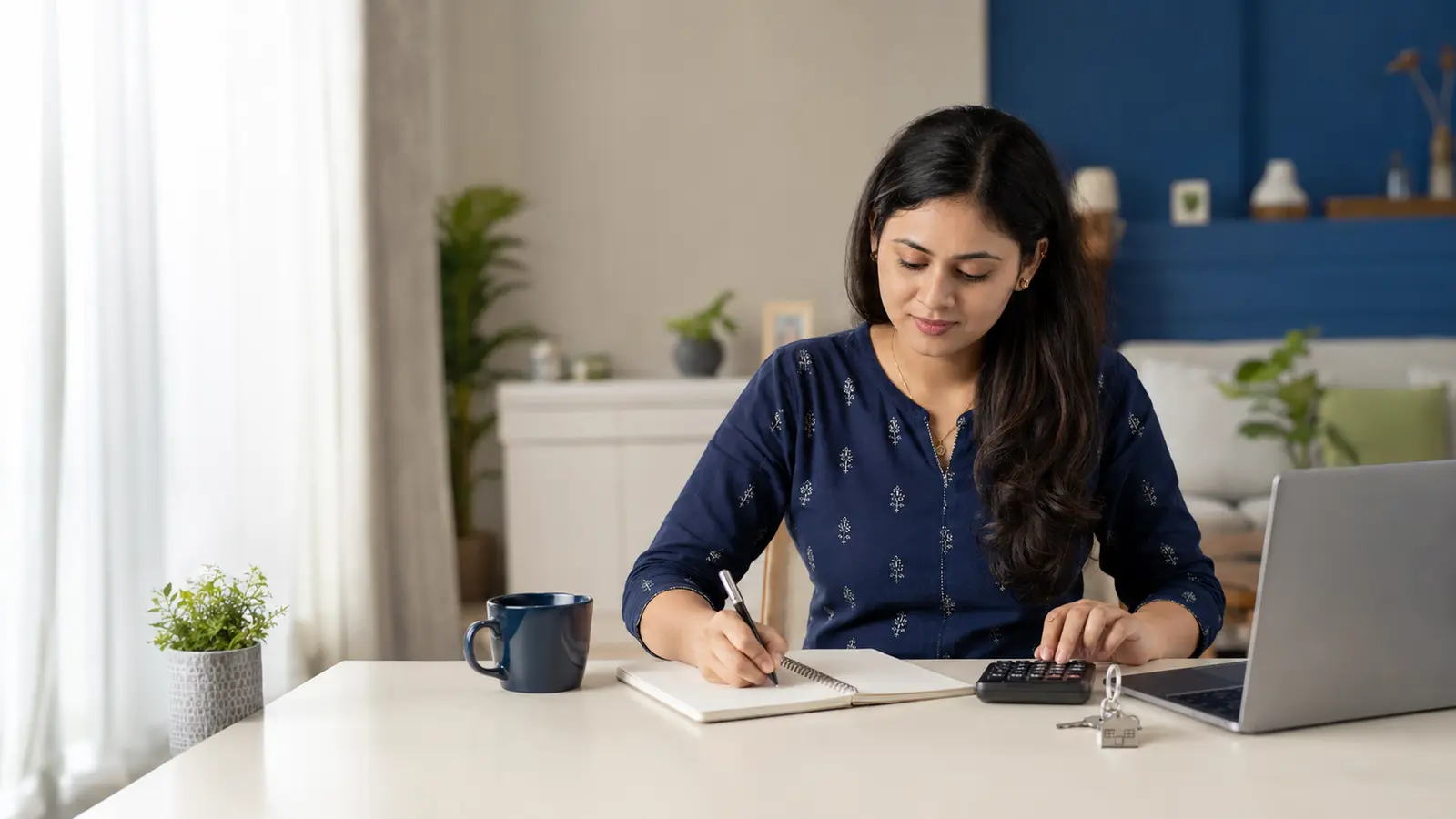 Indian home buyer planning an affordable EMI with a notebook, calculator, laptop and house keys