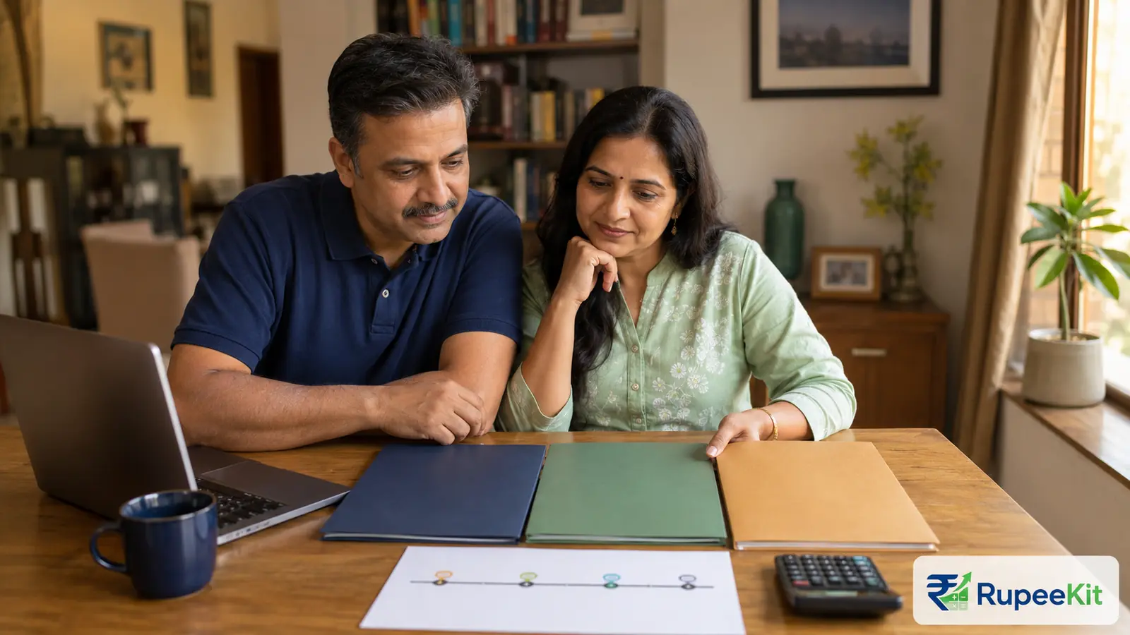 Indian couple comparing three retirement-planning options at home with a laptop, calculator and long-term timeline