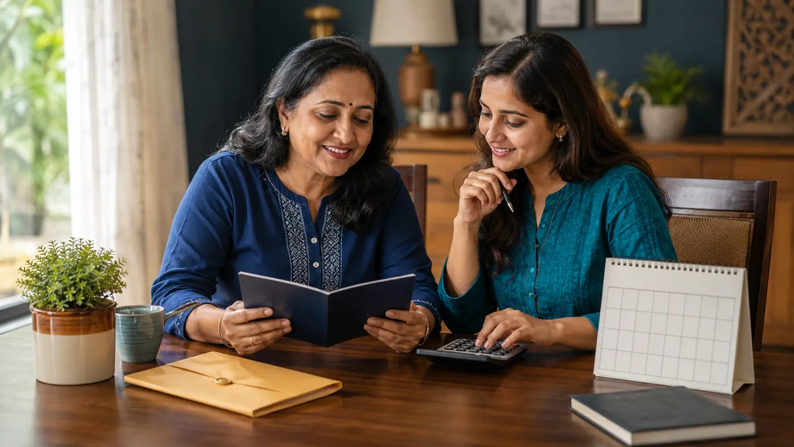 Indian mother and daughter planning a fixed deposit amount and tenure at home