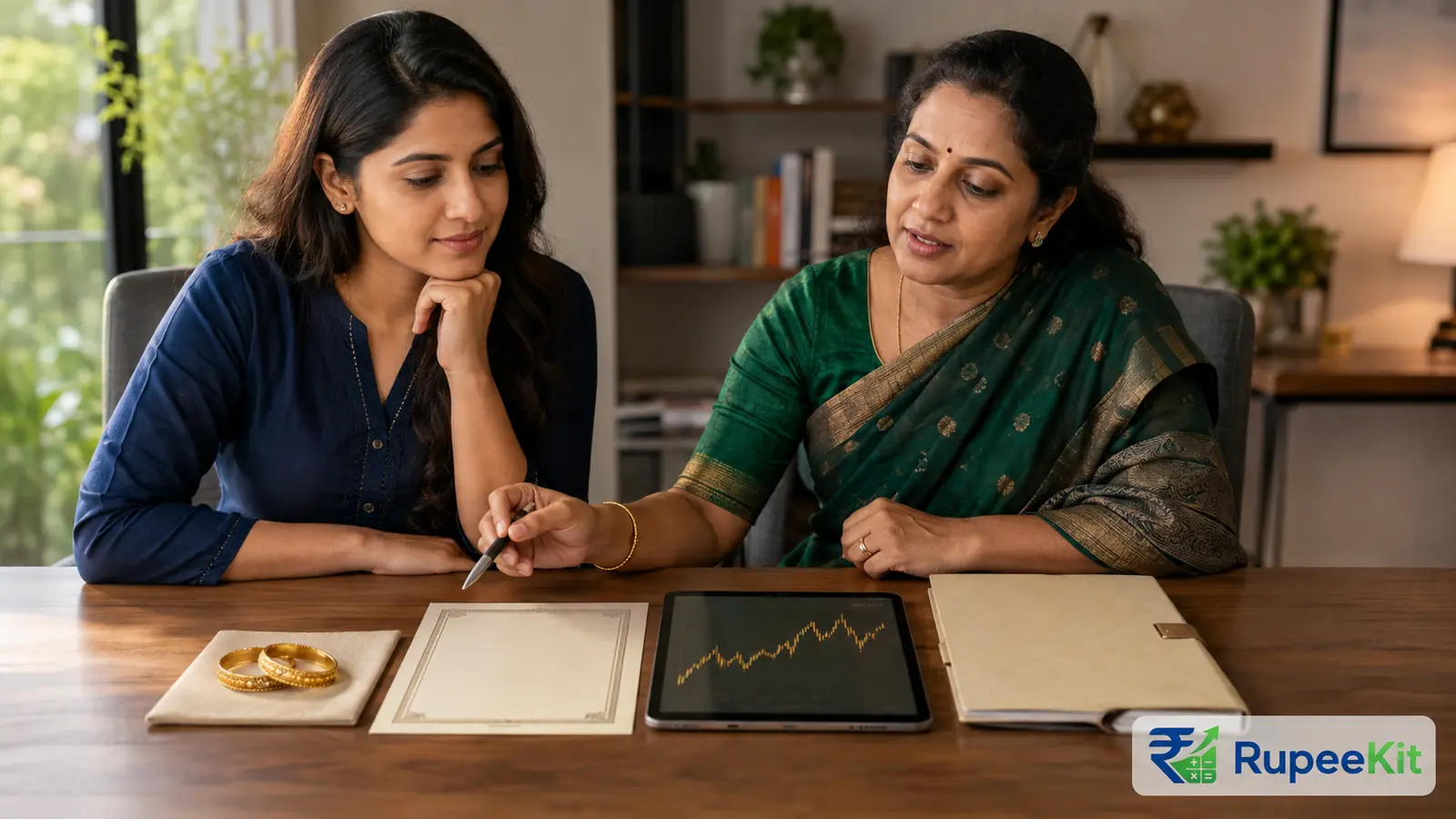 Indian women comparing physical gold, a generic bond document, a market chart and a gold valuation folder
