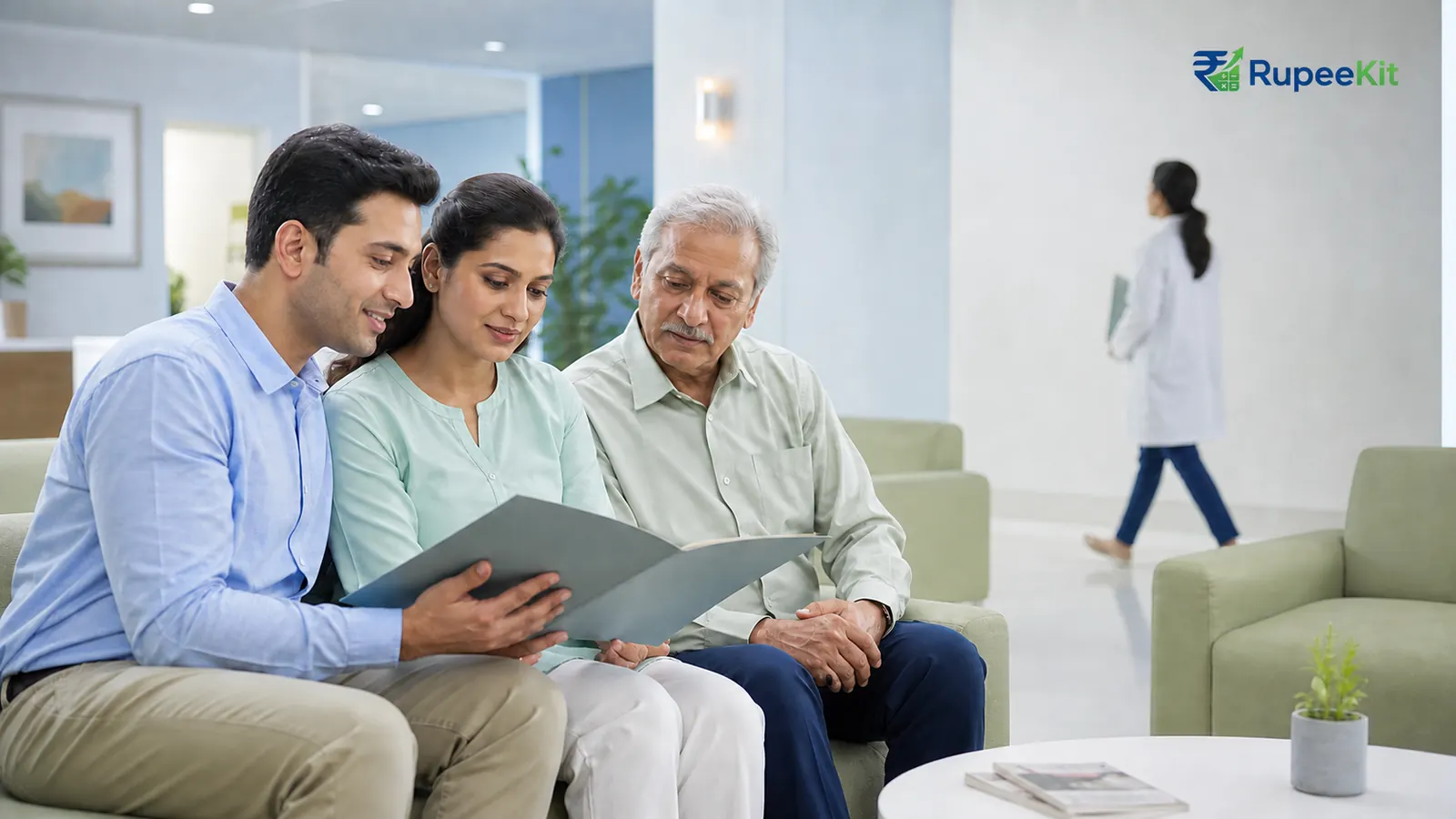 Indian couple and older parent reviewing a health insurance folder in a bright clinic lounge