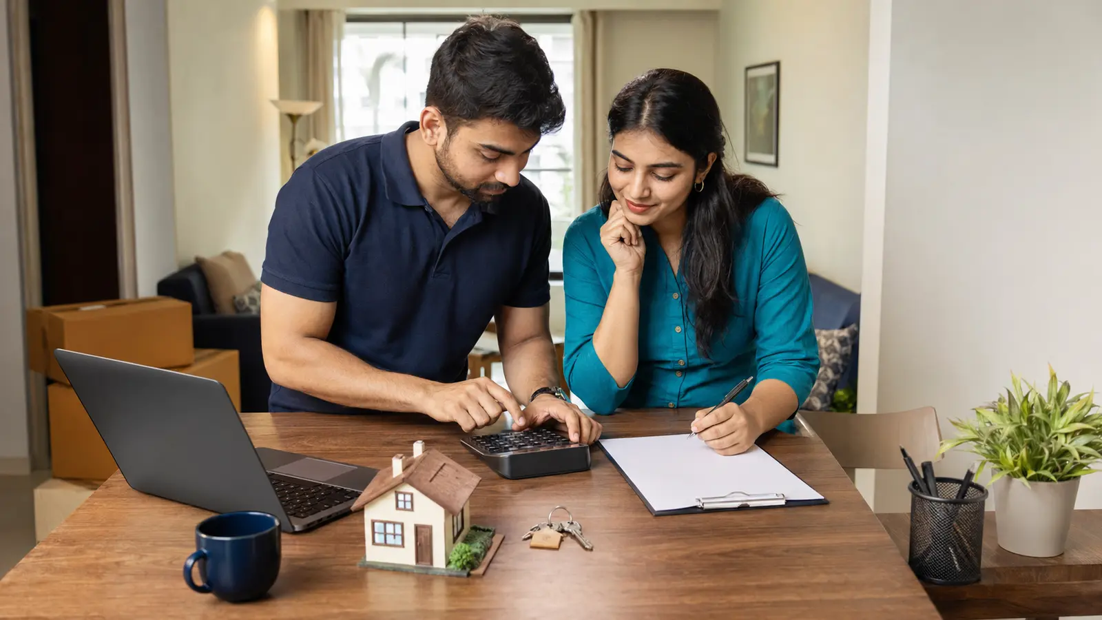 Indian couple calculating an affordable home loan EMI in their new apartment