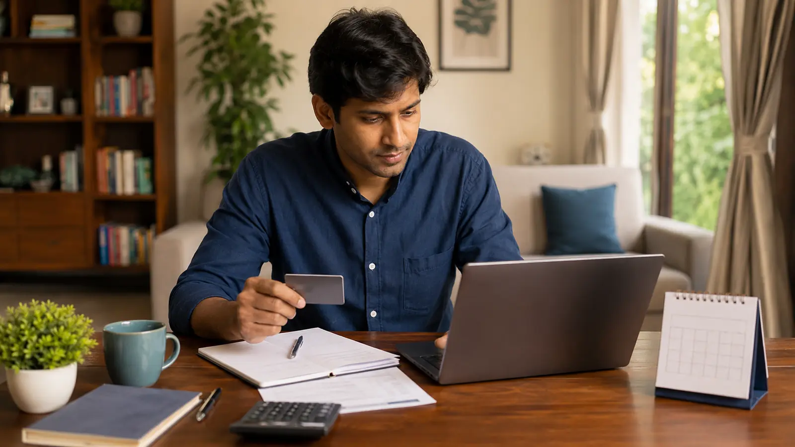 Indian borrower reviewing bills and credit usage while working to improve a CIBIL score