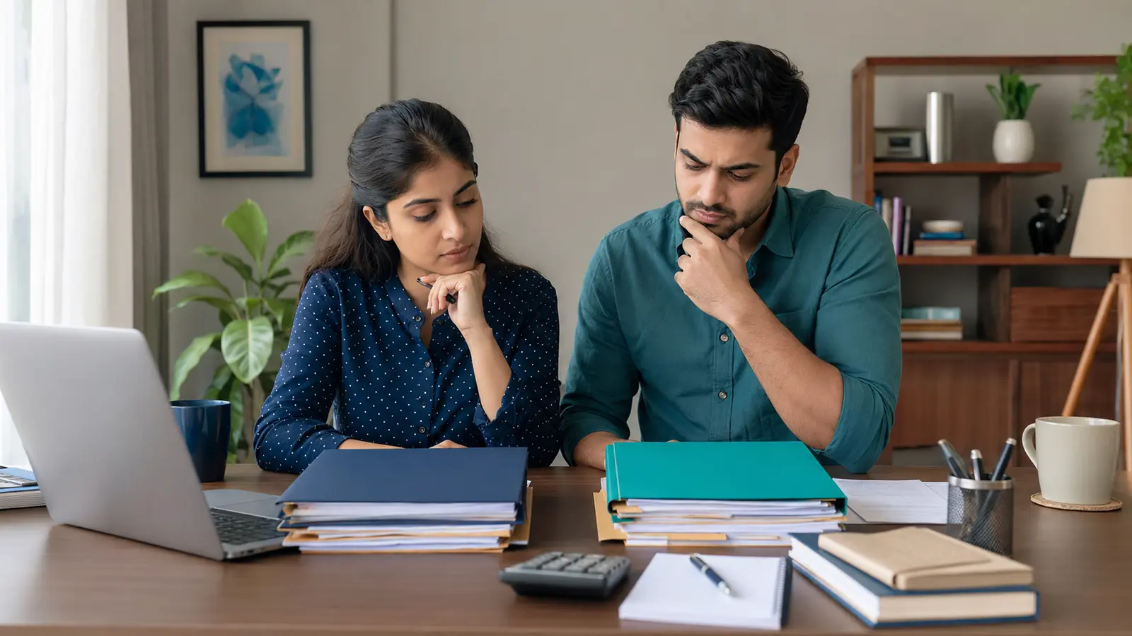 Indian salaried couple comparing old and new income tax regime documents at home