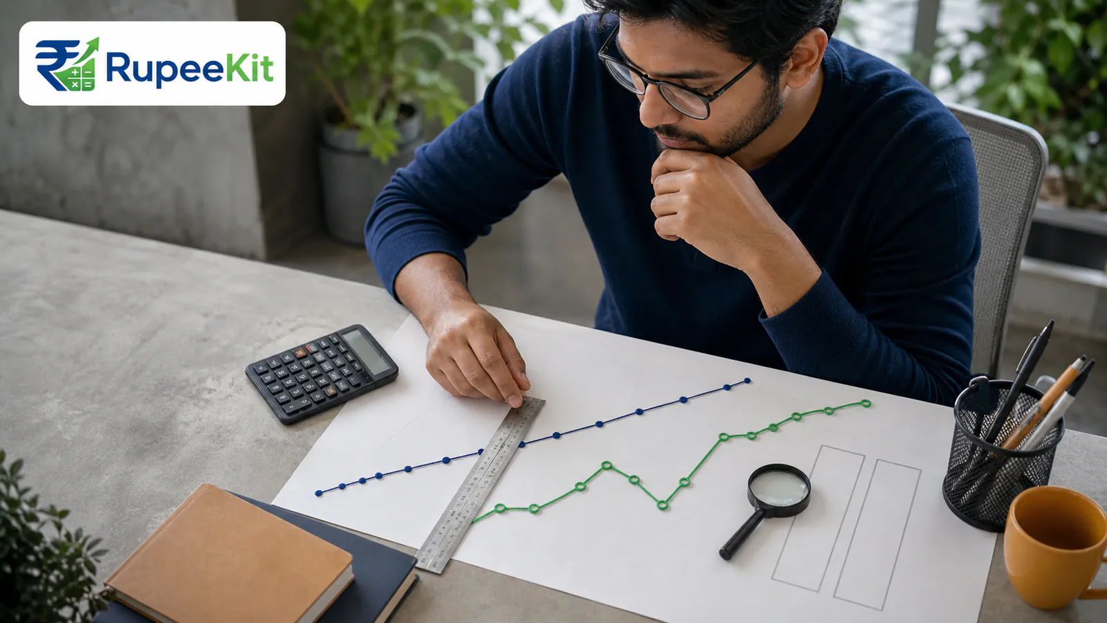 Indian investor measuring two fund-growth paths to compare long-term expense-ratio drag