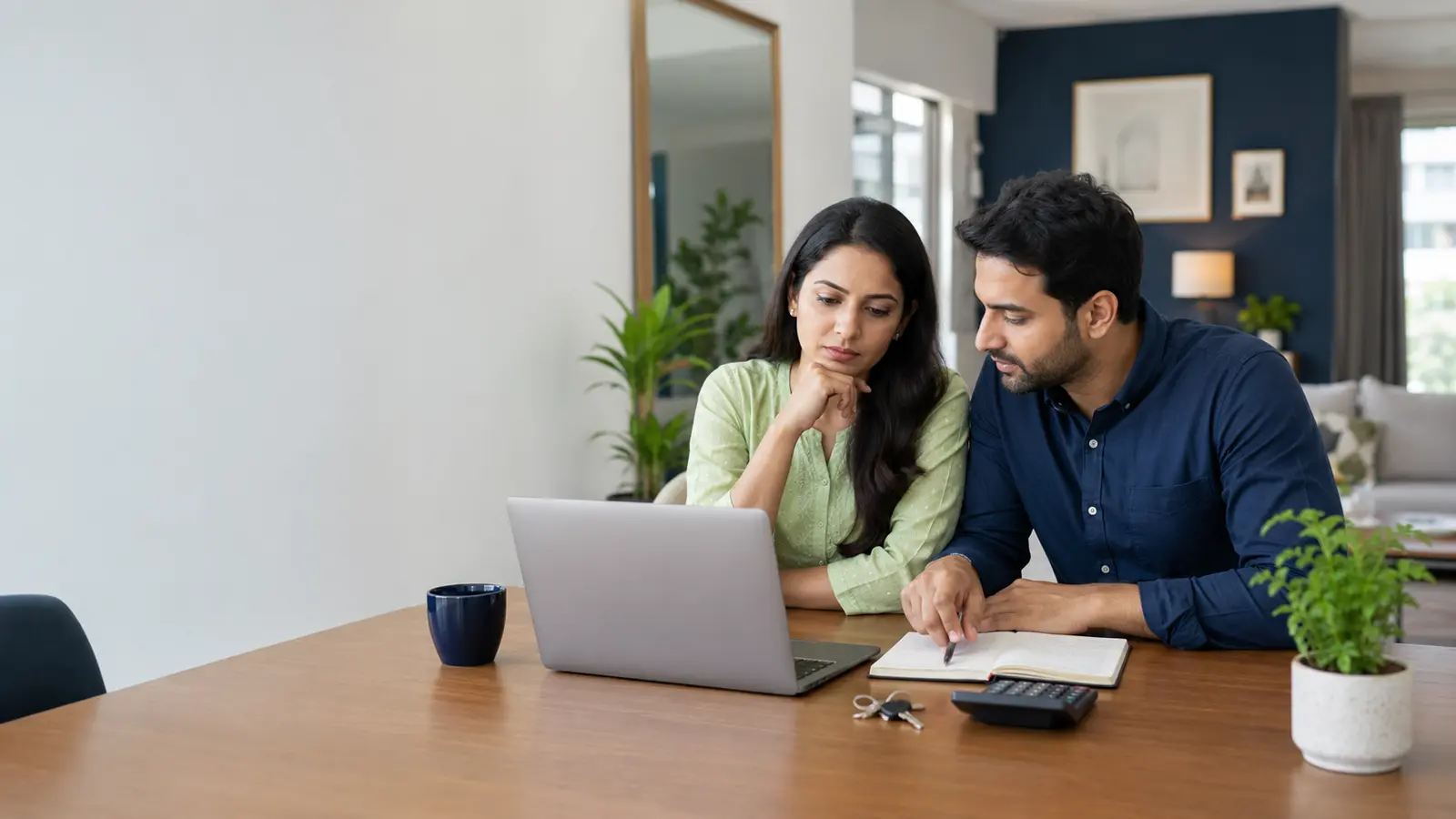 Indian couple comparing investment and home-loan prepayment options with a laptop and calculator