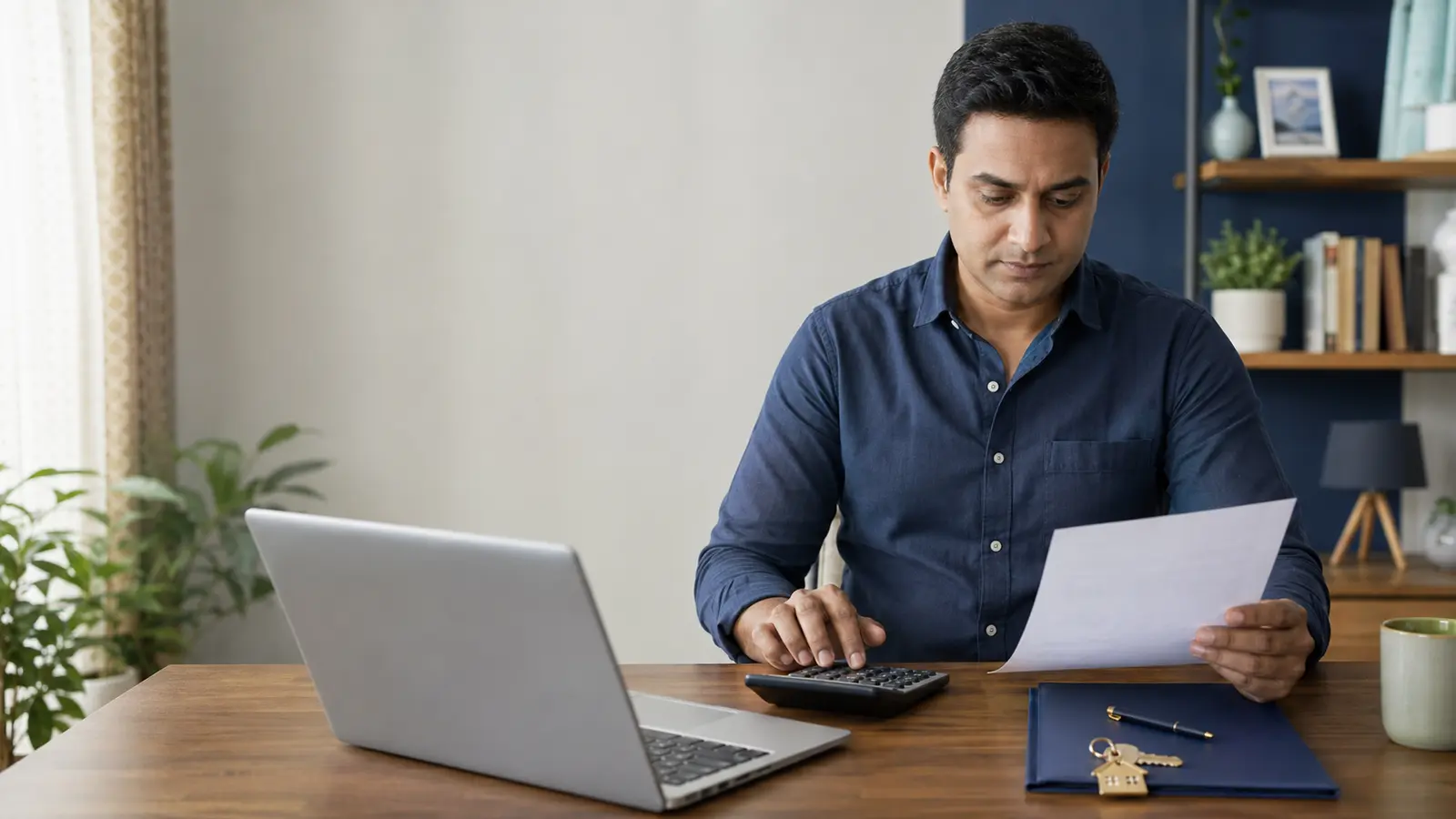 Indian homeowner reviewing a remaining-loan plan with a calculator, laptop, folder and house keys