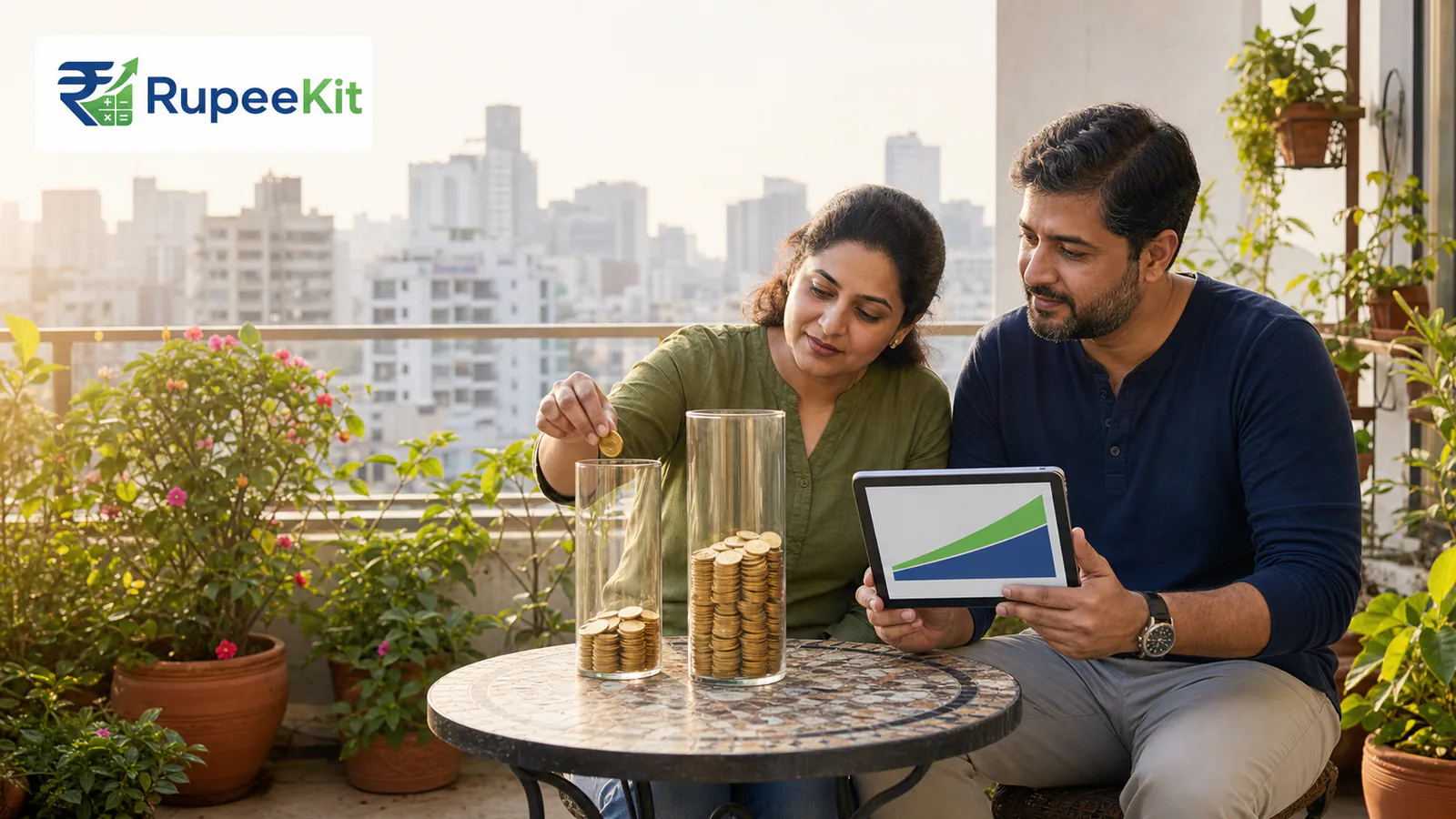Indian couple comparing two long-term monthly investment paths on a sunny apartment balcony