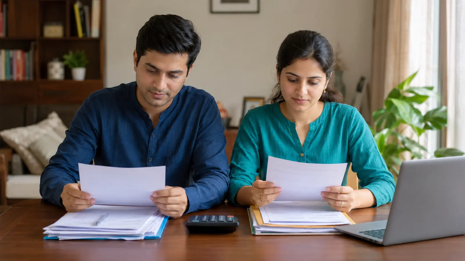 Indian salaried couple comparing old and new income tax regime documents