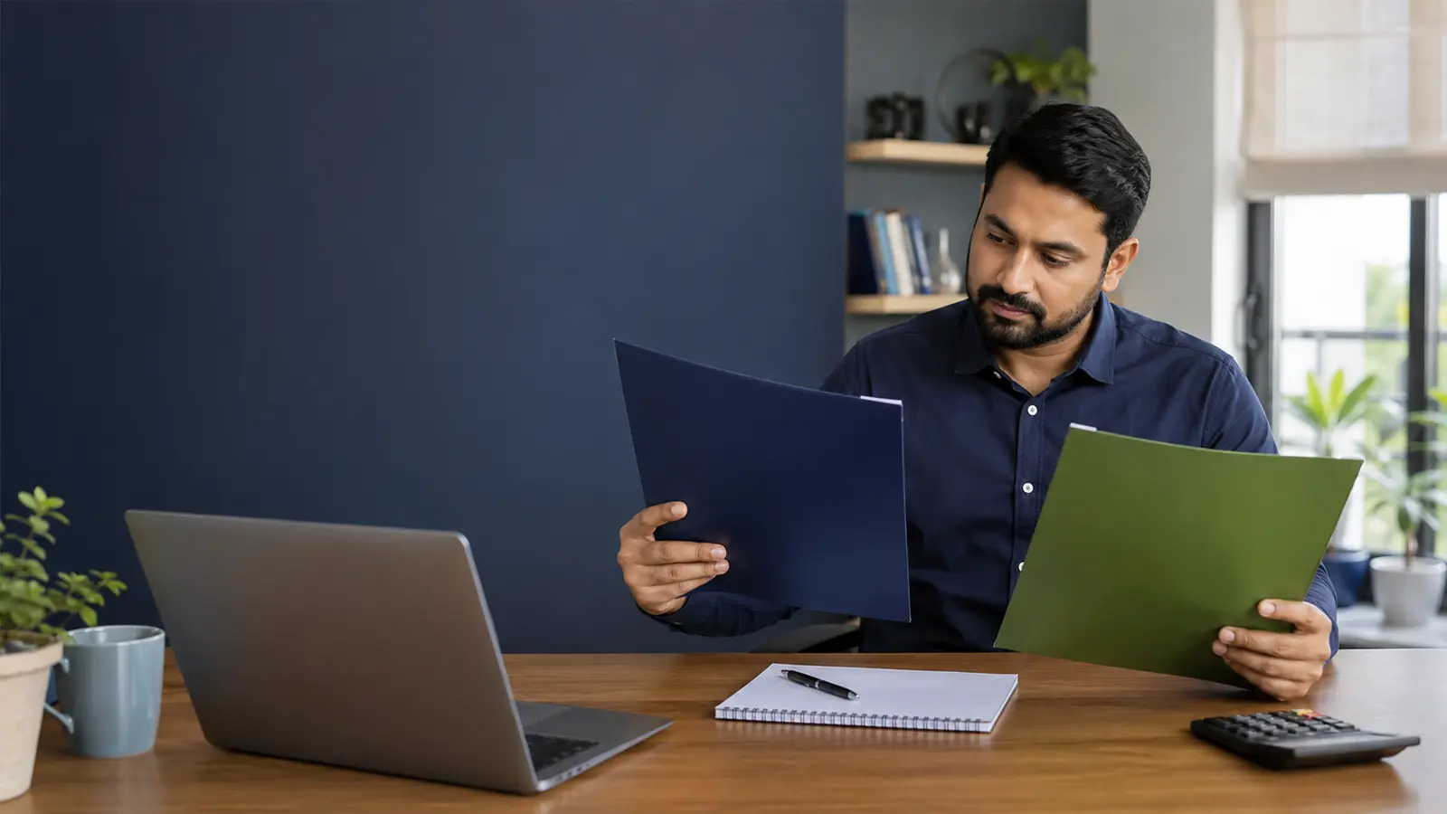 Indian professional objectively comparing personal loan cost documents with a calculator and laptop