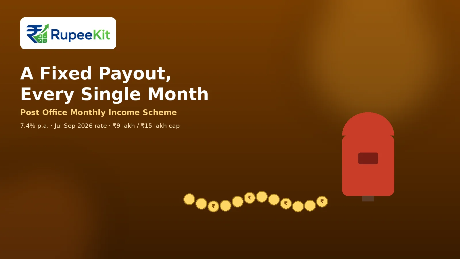 Illustration of a red Indian post office letterbox with a steady stream of coins representing monthly income scheme payouts