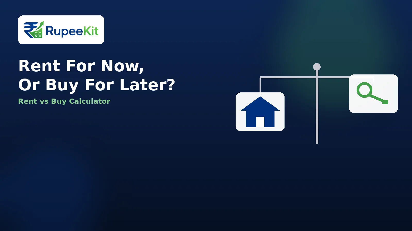 Illustration of a house and a rent key balanced on a scale representing the rent versus buy decision
