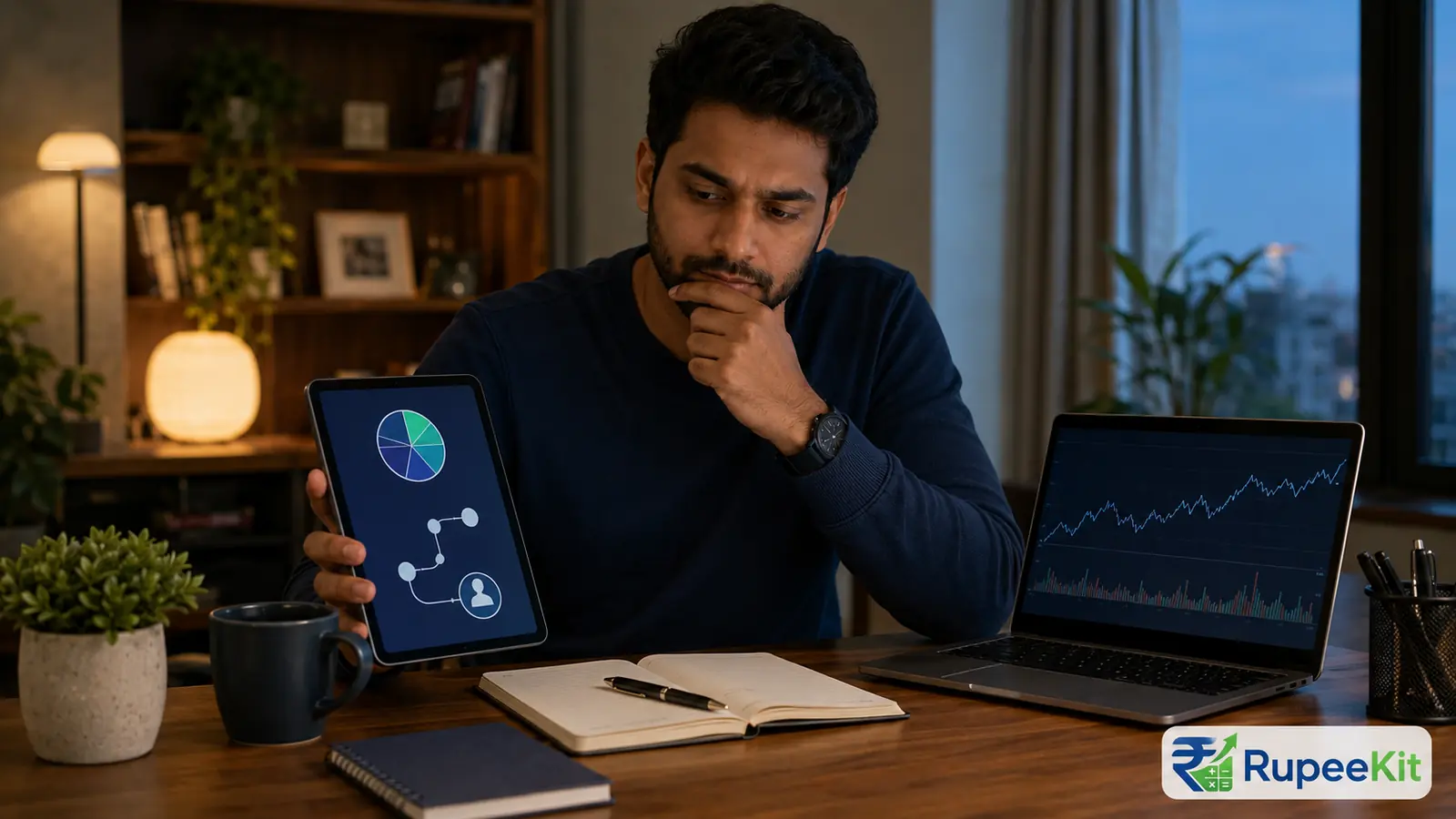 Indian investor comparing an automated portfolio path on a tablet with hands-on index research on a laptop