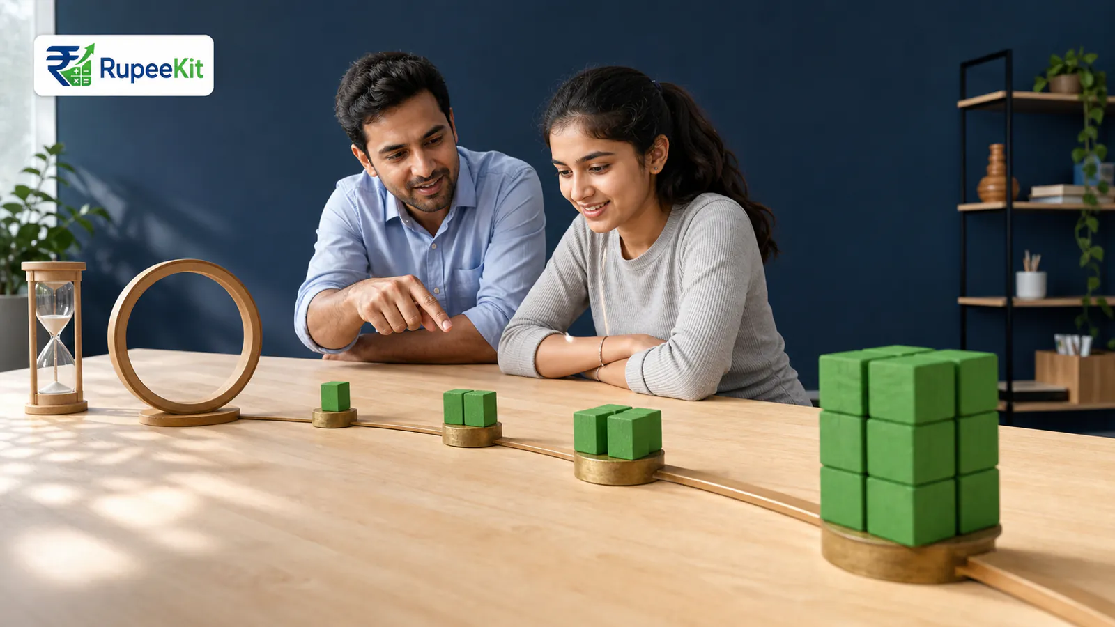 Indian educator demonstrating investment doubling time with a growing sequence of green wooden cubes