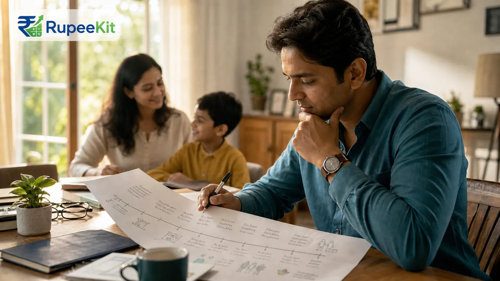 Indian father mapping future family income needs while his spouse and child sit nearby