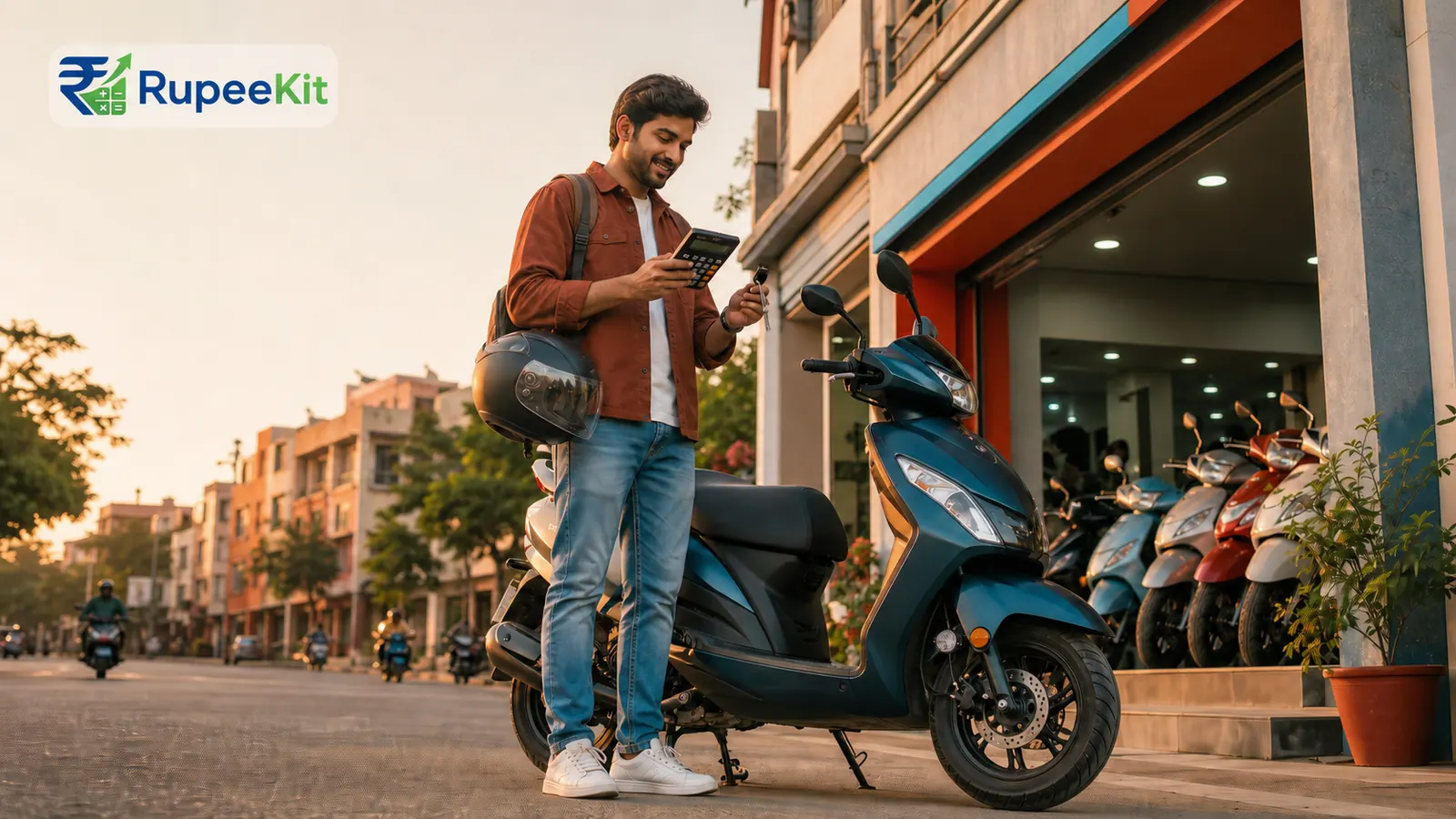 Young Indian commuter checking a loan calculation beside a scooter at an urban dealership